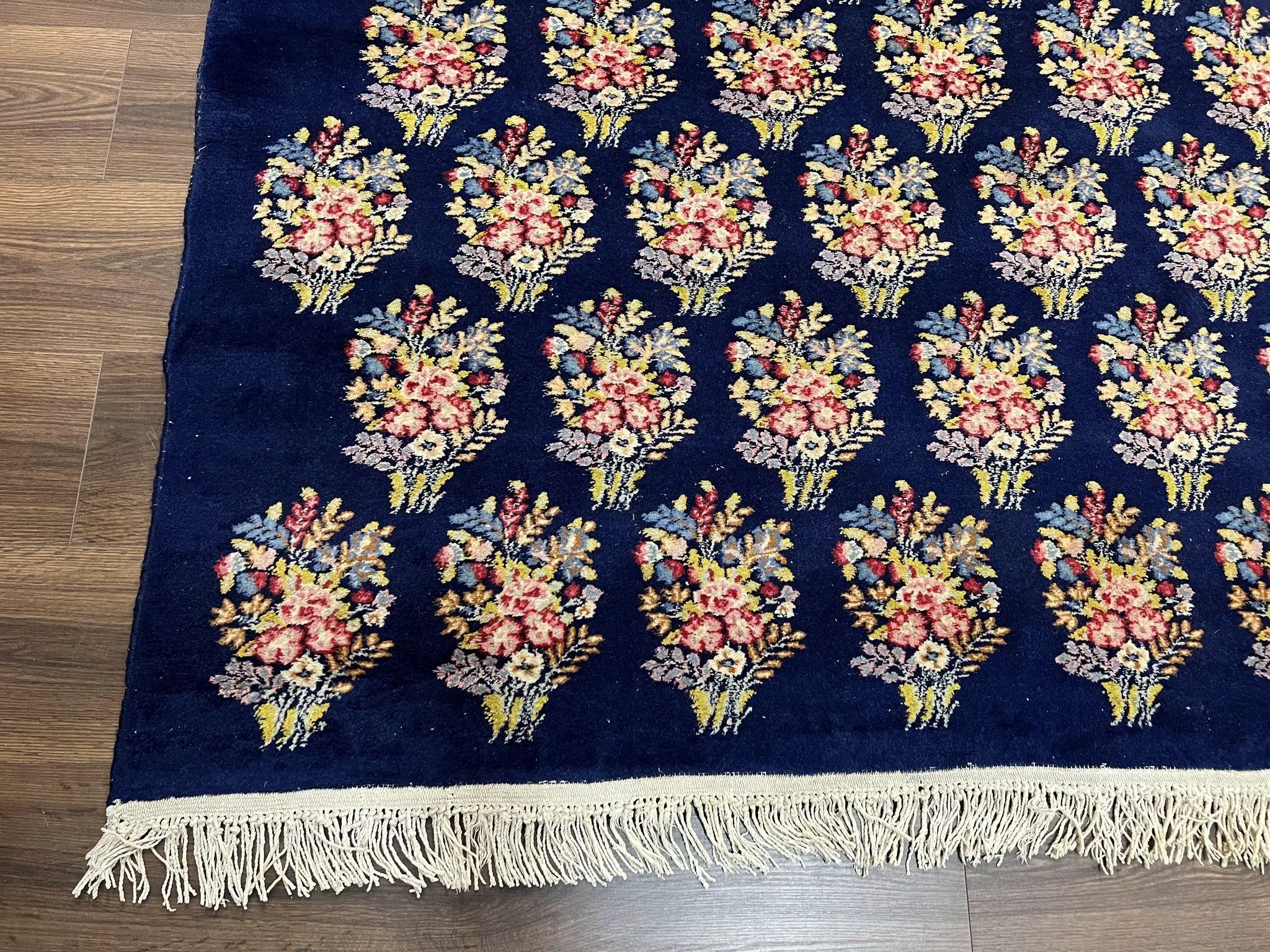 Persian Rug 9x12, Authentic Hand Knotted Carpet, Repeated Floral Motif Garden of Eden, Navy Blue Wool Rug 9 x 12, Semi Antique Kirman Rug by Jewel Rugs