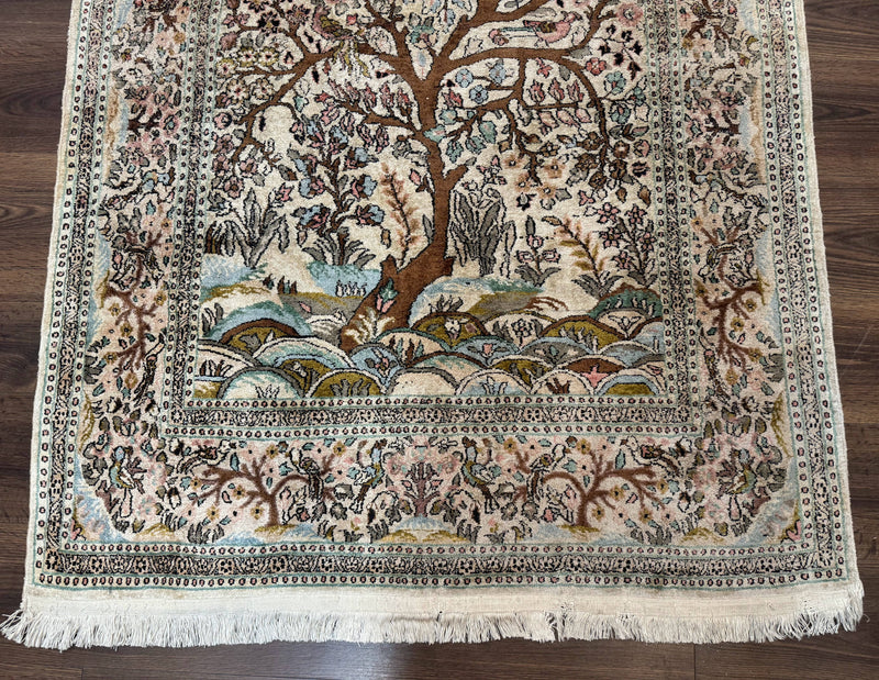 Indian Kashmiri Silk Rug 4x7, Tree of Life Design, Very Fine 380 KPSI, Birds by Jewel Rugs
