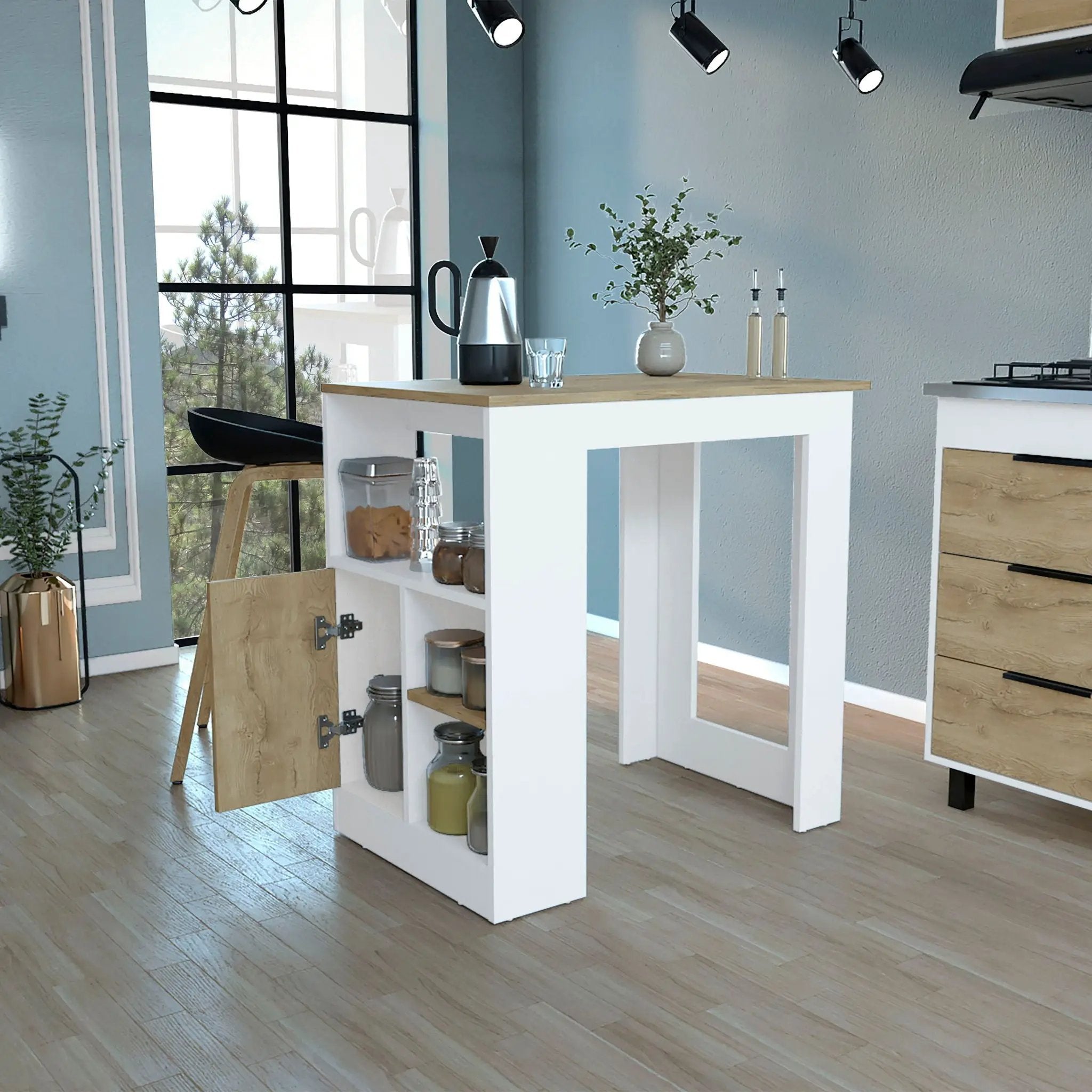 Kitchen Island Three Open Side Storage Shelves And One Push-To-Open Cabinet - White / Macadamia by Unique Piece Furniture