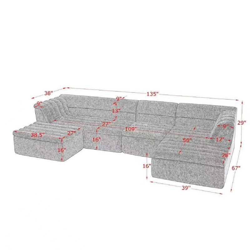 U-Shaped Modular Sectional Sofa With Chaise And Movable Ottoman With Wave-Shaped Armrest by Unique Piece Furniture