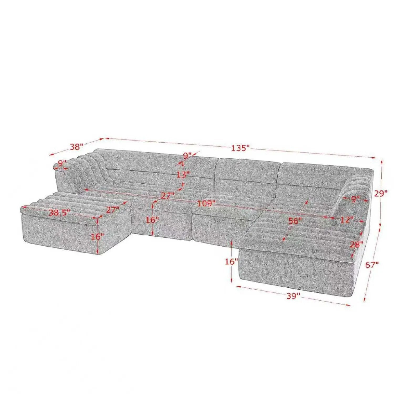 U-Shaped Modular Sectional Sofa With Chaise And Movable Ottoman With Wave-Shaped Armrest by HouseOfZazla
