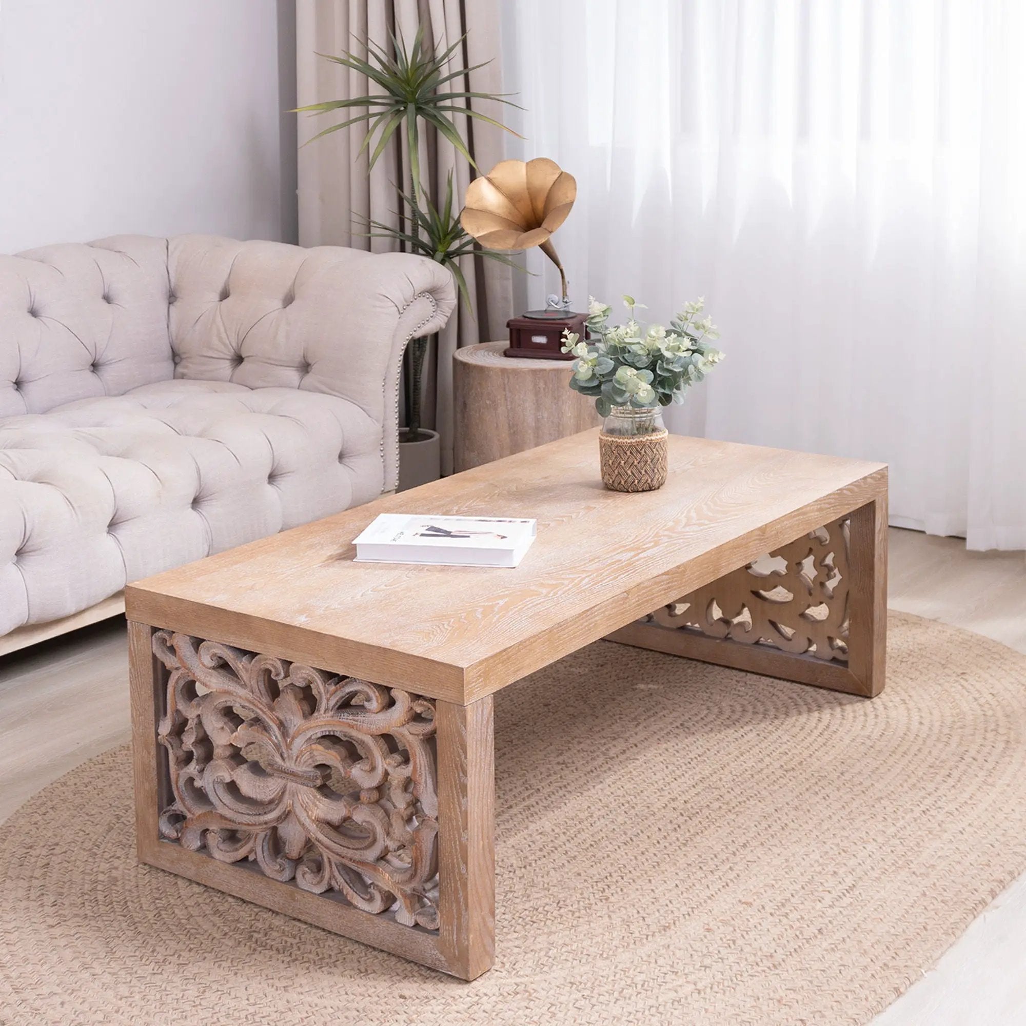 Rustic Carved Wood Coffee Table, Handcrafted Look With Ornate Side Panels by Unique Piece Furniture