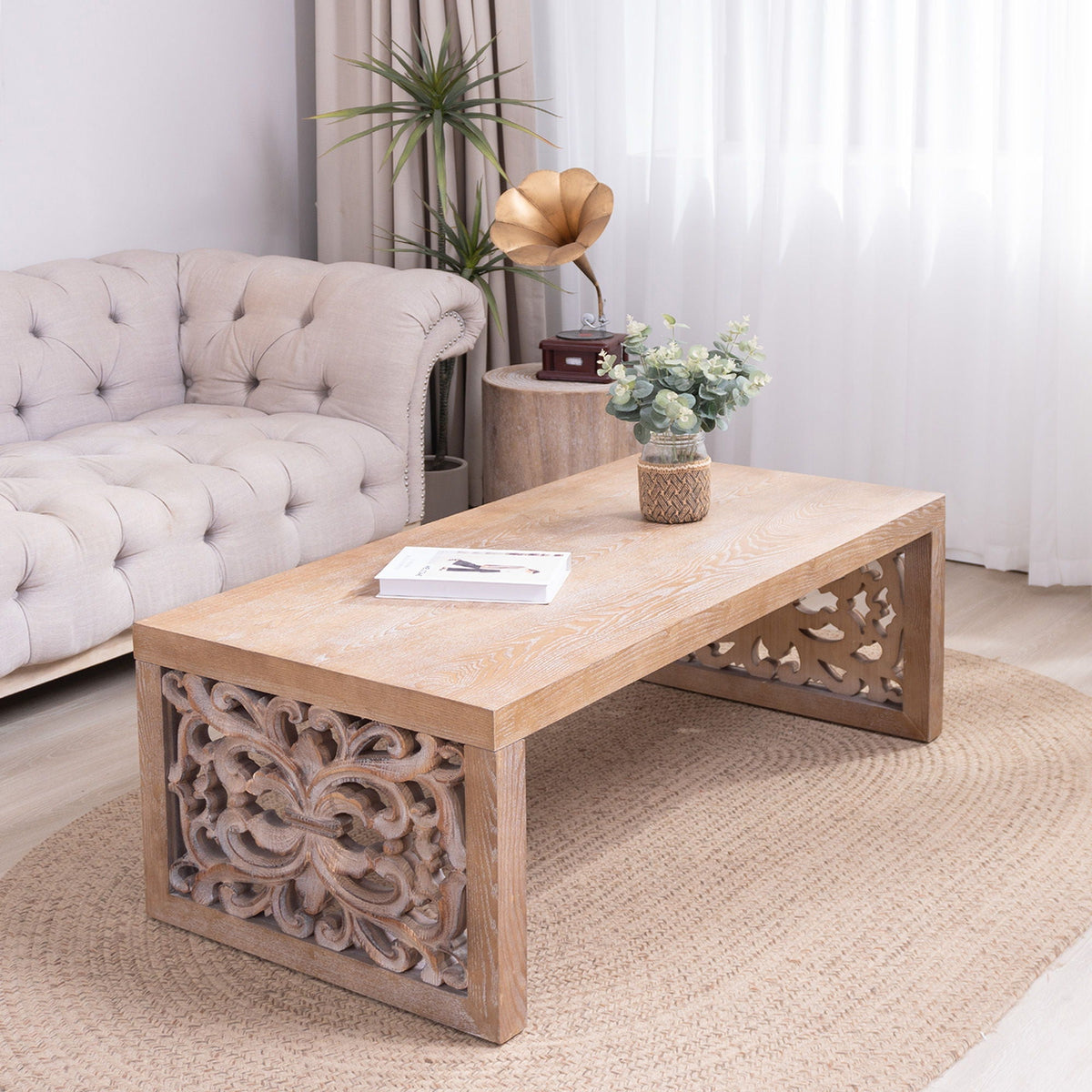 Rustic Carved Wood Coffee Table with Handcrafted Look - Light Brown or Black, photo 7 of 8