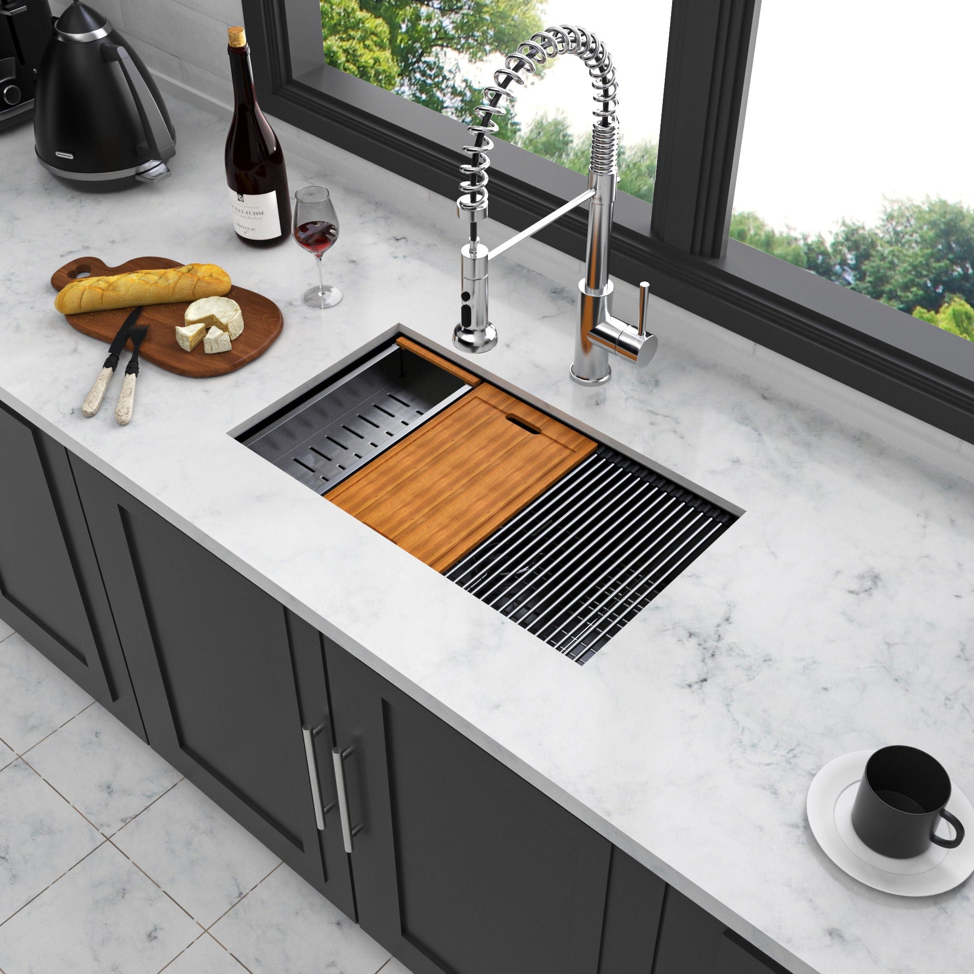 Workstation Kitchen Sink, Single Bowl Undermount 16 Gauge Stainless Steel - White by HouseOfZazla