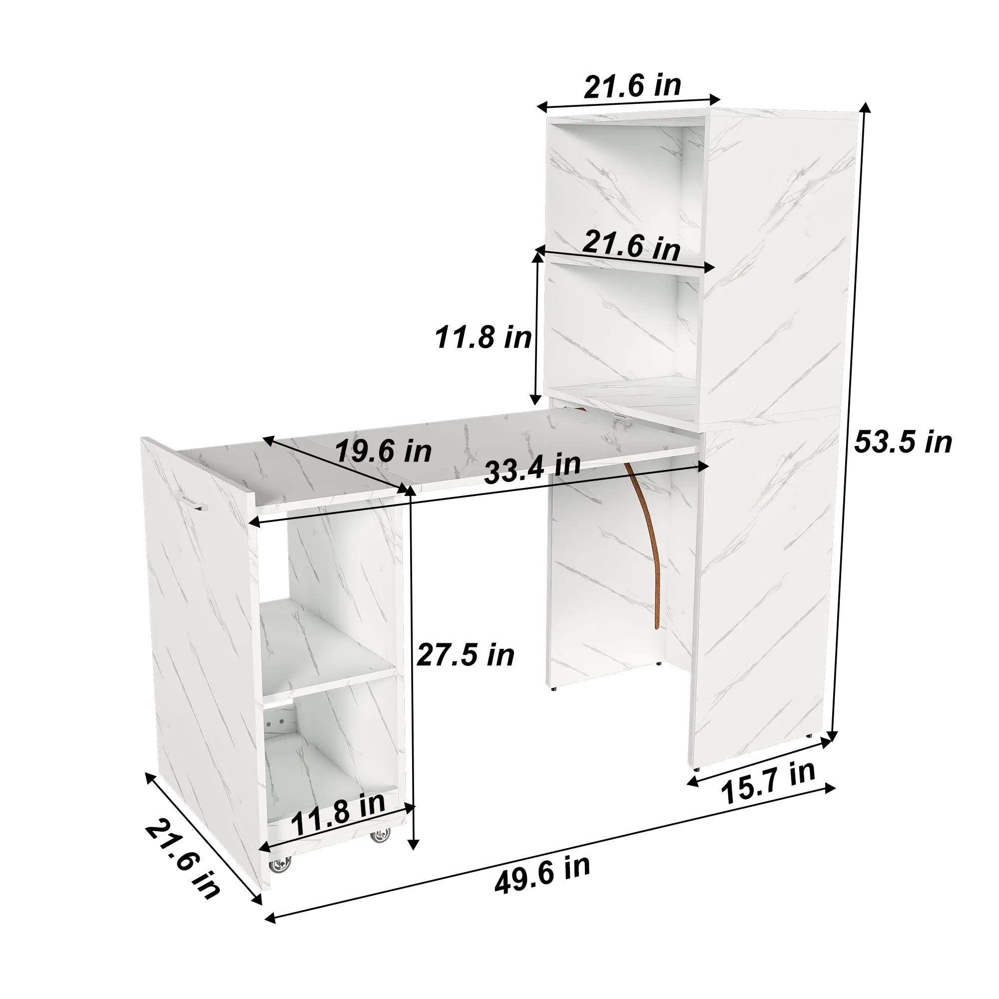 Stretchable Office Desk With Storage Shelves And Mobile Wheels, Foldable Design For Small Apartments - White Marble by HouseOfZazla