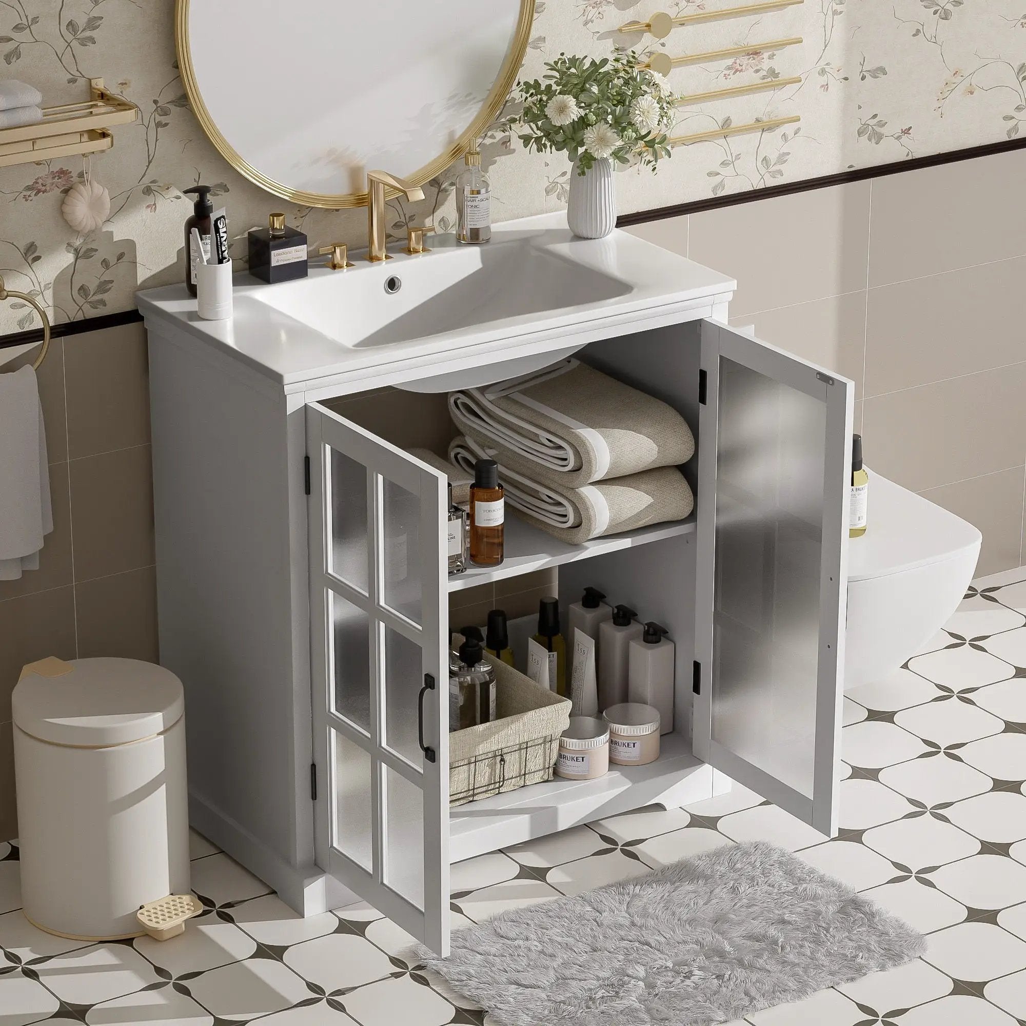 Modern Bathroom Vanity With Ceramic Sink, Tempered Blurred Glass Doors by HouseOfZazla
