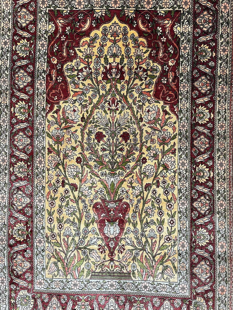 Wonderful Silk Turkish Hereke Prayer Rug 2.8 x 4.5, Tree of Life Design, Signature from Master Weaver, Gold and Burgundy, Handmade, 625 KPSI by Jewel Rugs