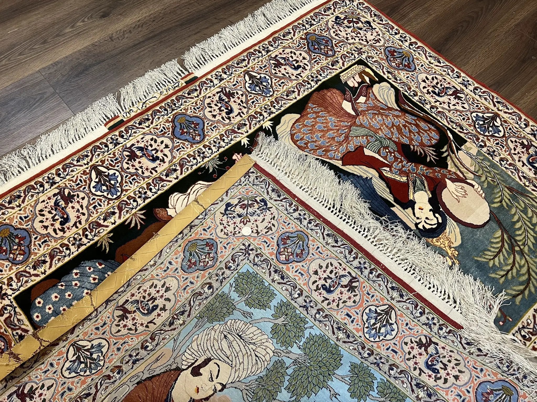 Persian Pictorial Rug 5 x 4 ft, Persian Isfahan Rug, Kork Wool on Silk Foundation, Signature from Master Weaver, Drums and Musical Instruments, Birds, Detailed by Jewel Rugs