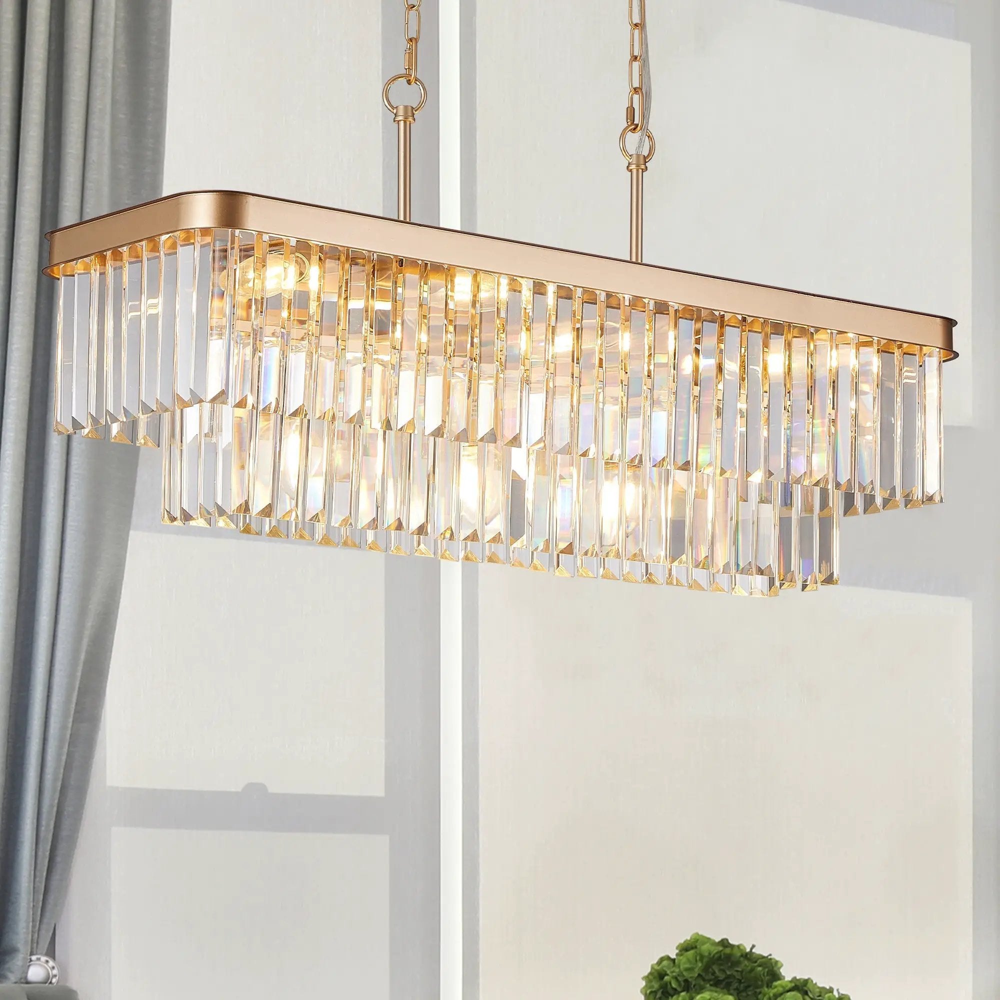 Rectangular Crystal Chandelier Adjustable Gold Iron Ceiling Light by HouseOfZazla