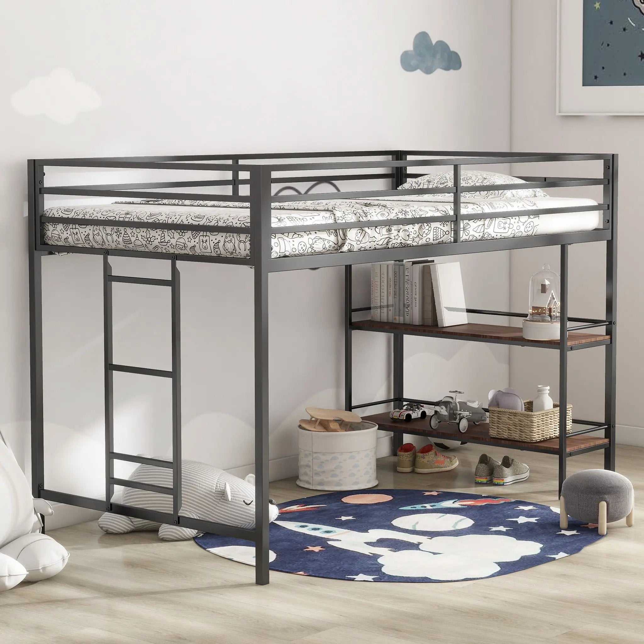 Adam - Twin Loft Bunk Bed With Cinnamon Wood Shelf - Black by HouseOfZazla
