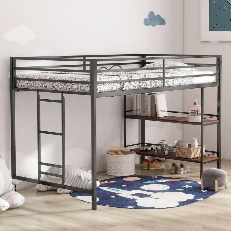 Adam - Twin Loft Bunk Bed With Cinnamon Wood Shelf - Black by HouseOfZazla
