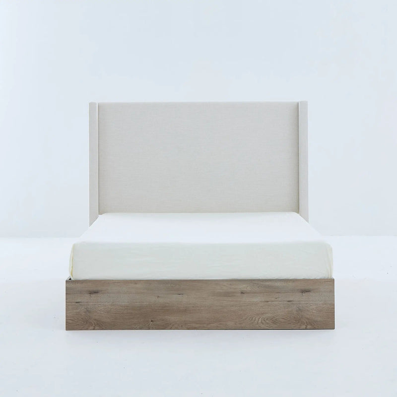Shelton - Queen Upholstered Wingback Bed With 54" High Headboard - Ivory / Light Gray / Camel Oak by HouseOfZazla