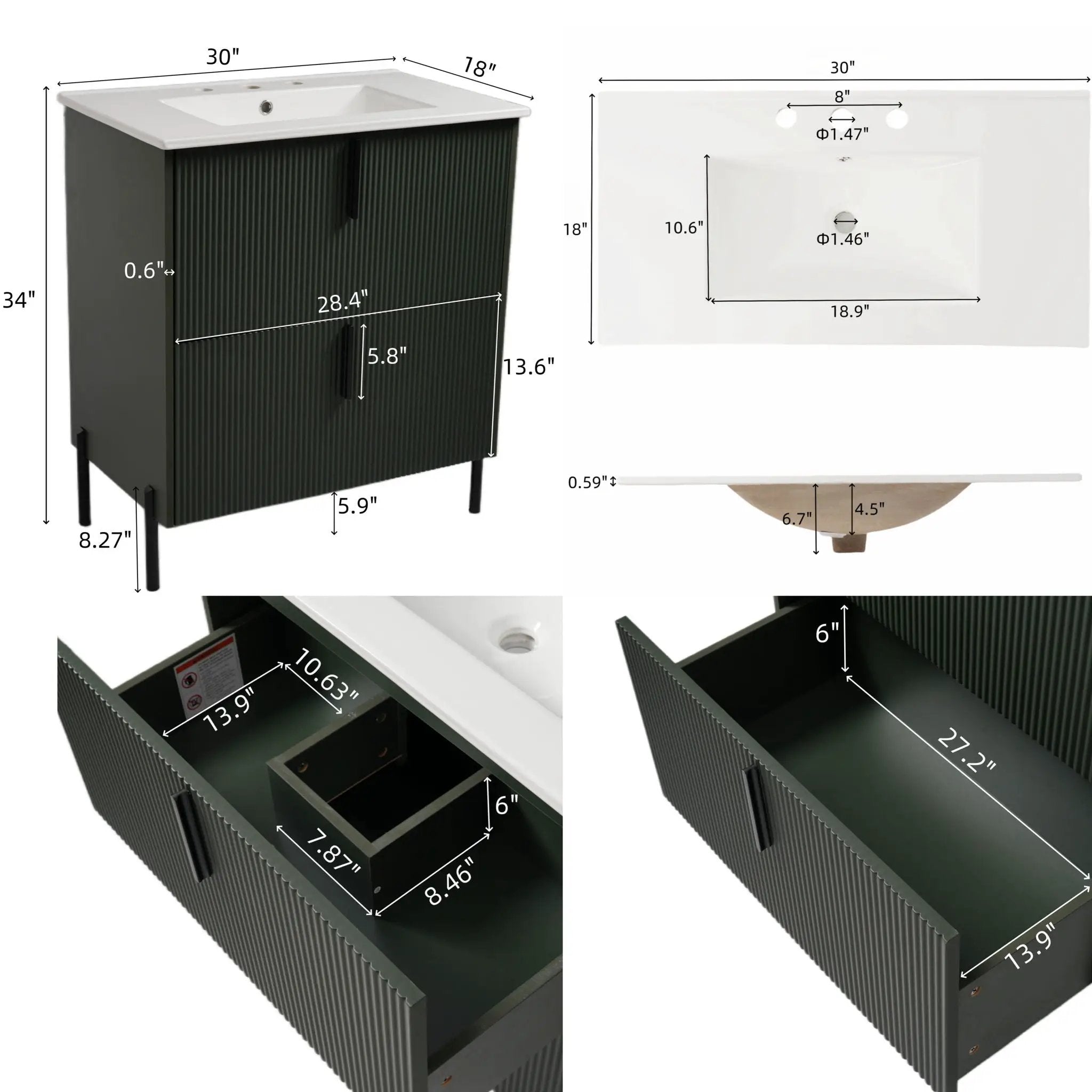 Bathroom Vanity With Ceramic Sink, Fluted Design by HouseOfZazla