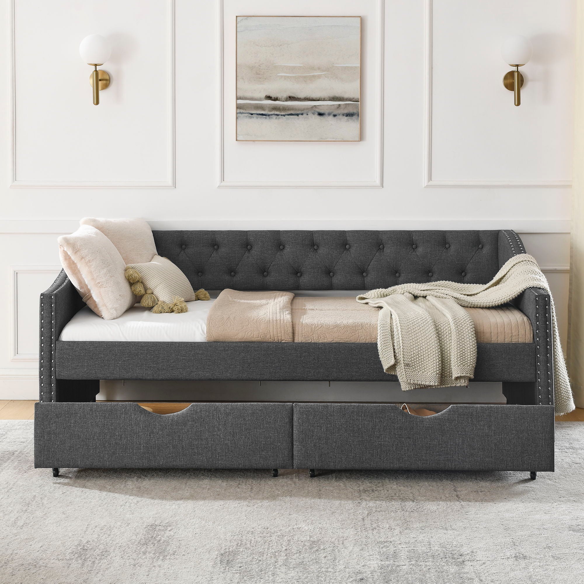 Upholstered Tufted Daybed With 2 Drawers, Waved Arms by Unique Piece Furniture