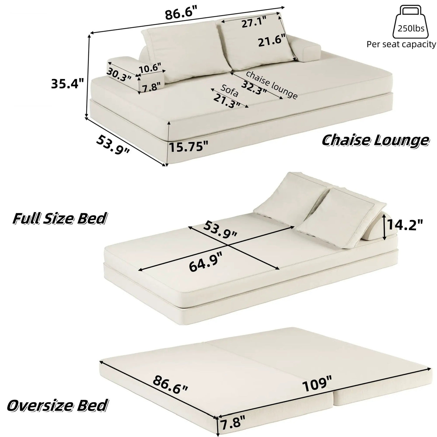 Multifunctional Convertible Sofa Bed With 2 Tumbler Backrests And 2 Pillows, Deep Seat Couch by HouseOfZazla