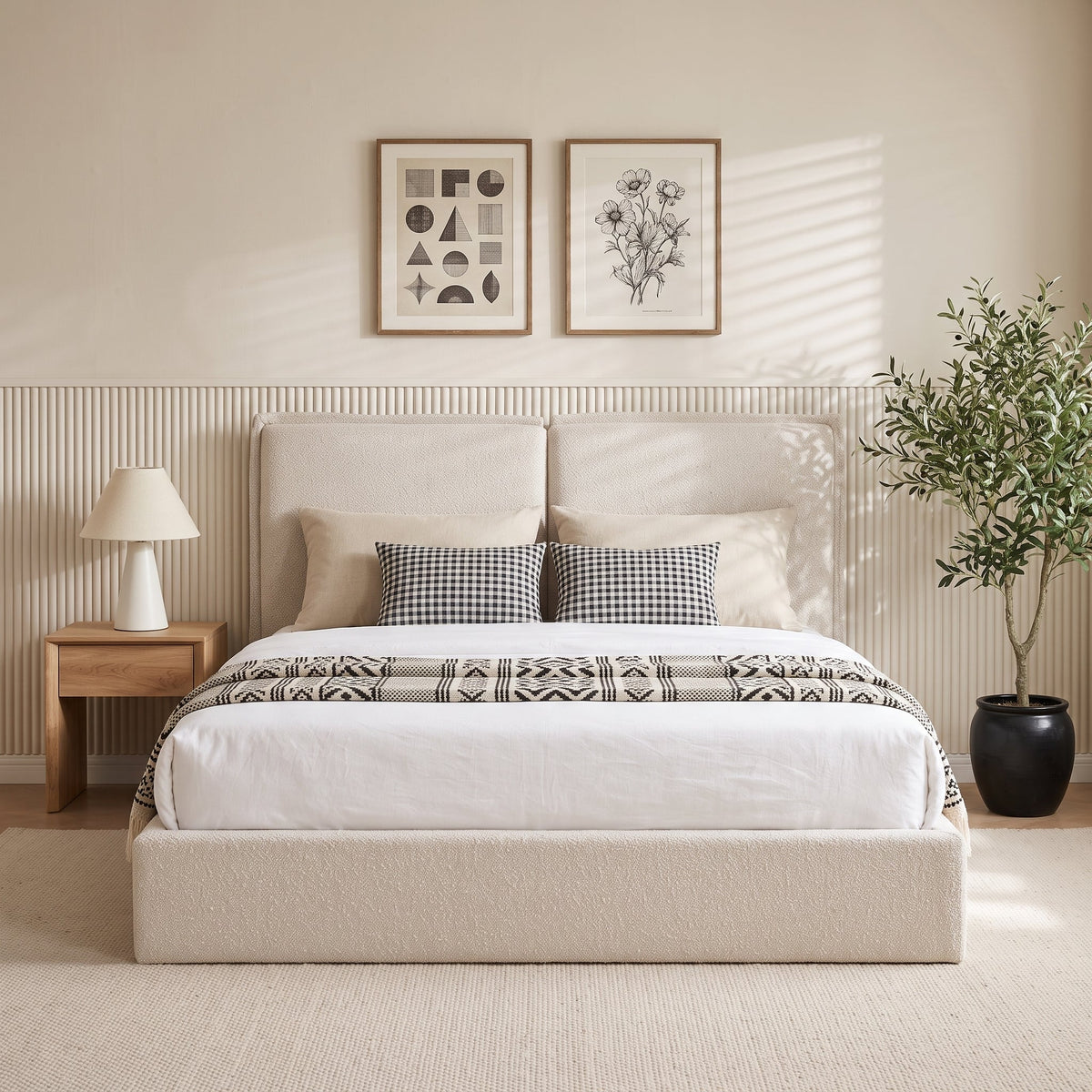 Double-Pillow Upholstered Bed with Skin-Friendly Fabric - Beige or Beige+Cream, photo 4 of 10