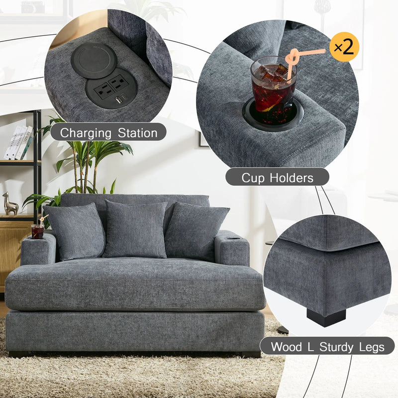 Oversized Chaise Lounger Modern Style Sofa Couch, With Pillows, Charge Station & Cup Holders by Unique Piece Furniture