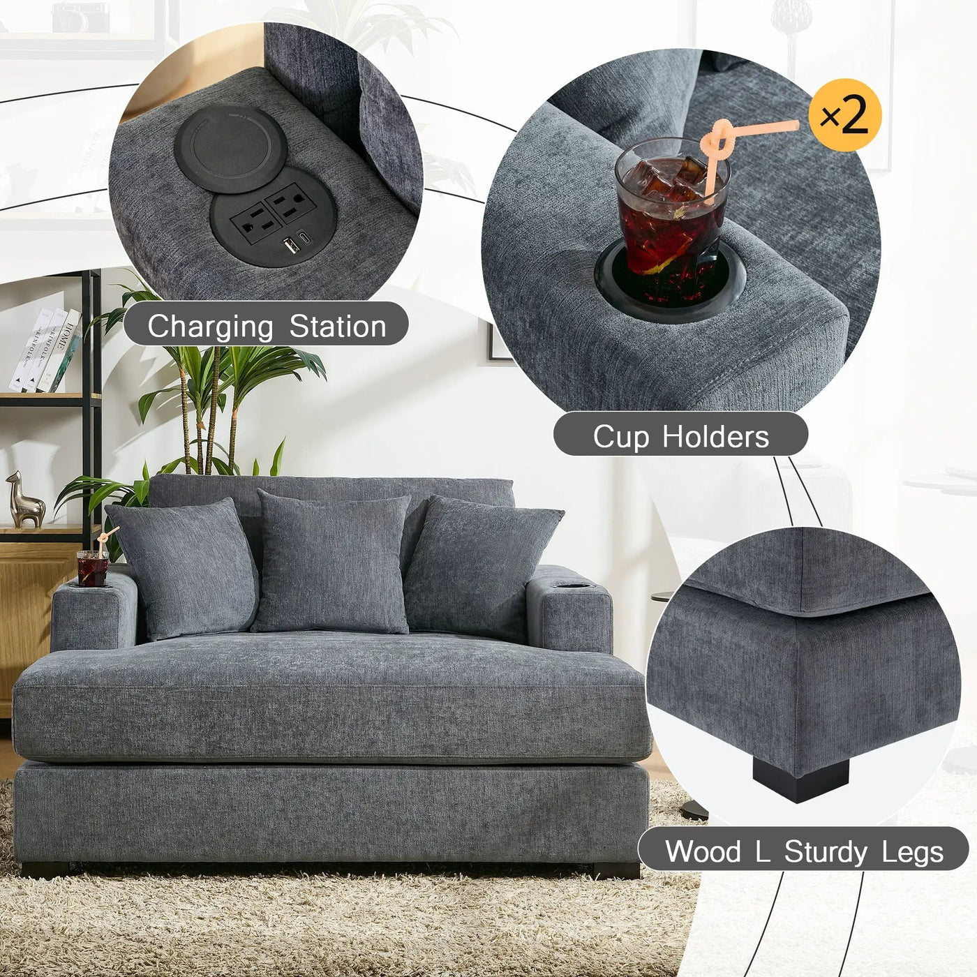 Oversized Chaise Lounger Modern Style Sofa Couch With Pillows, Charge Station & Cup Holders by HouseOfZazla