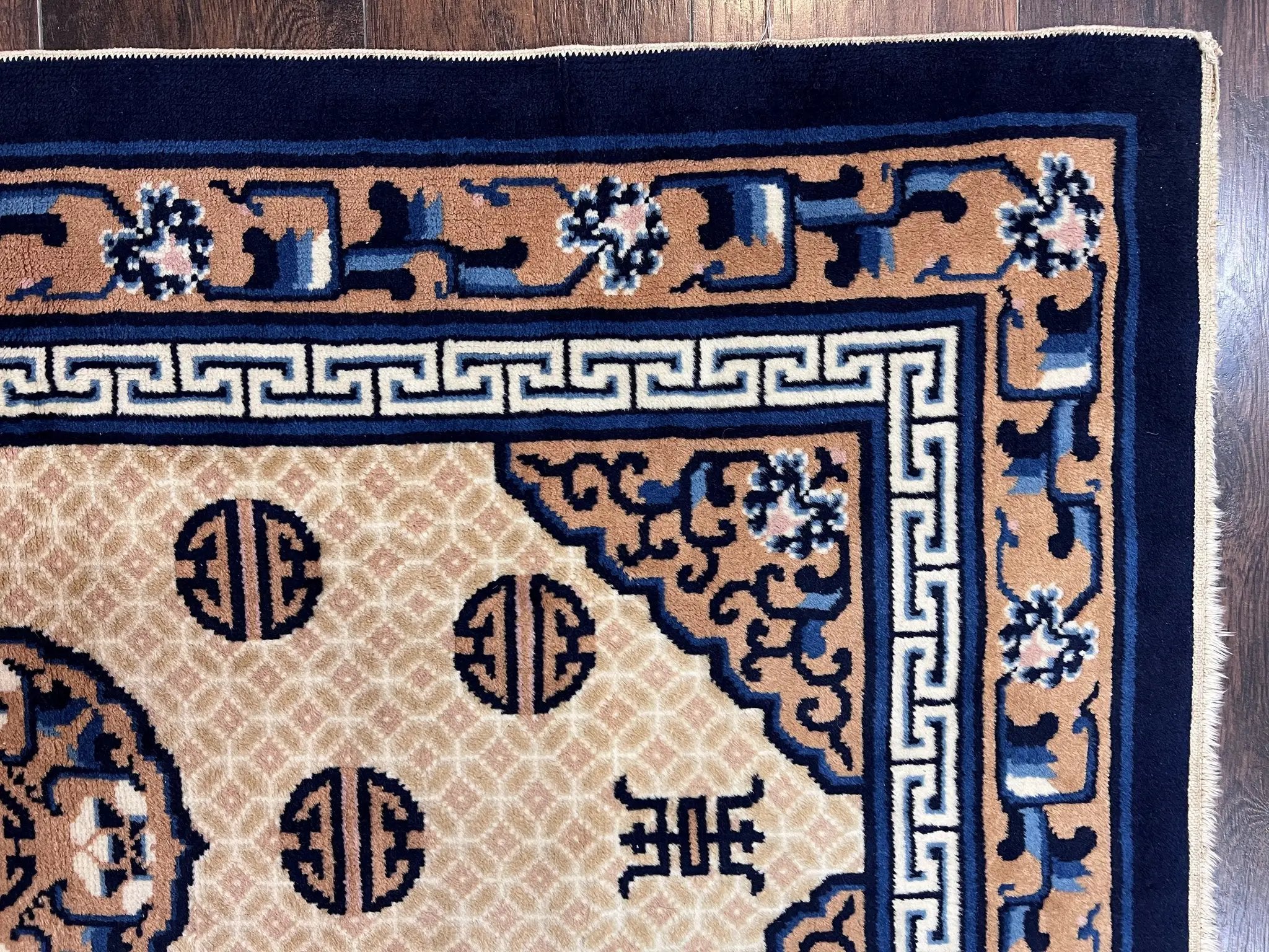 Chinese Peking Rug 3x5, Antique Chinese Art Deco Carpet, Blue Ivory Tan, Hand Knotted Wool Asian Oriental Rug 3 x 5 Vintage Small Peking Rug by Jewel Rugs