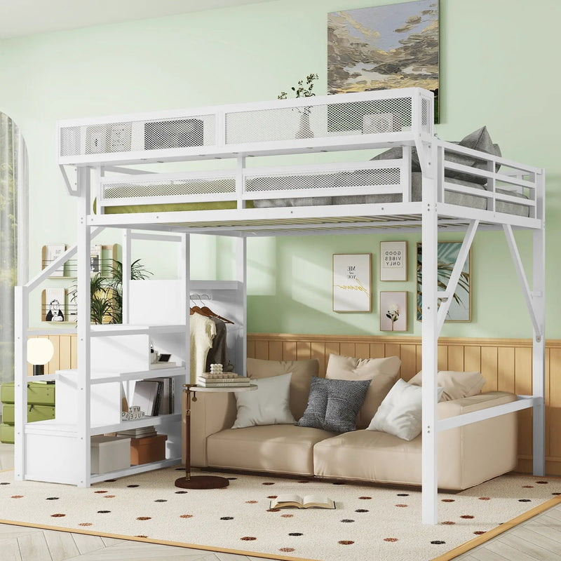 Queen Size Loft Bed with Stairs, Metal Queen Loft Bed with Storage Shelves by HouseOfZazla