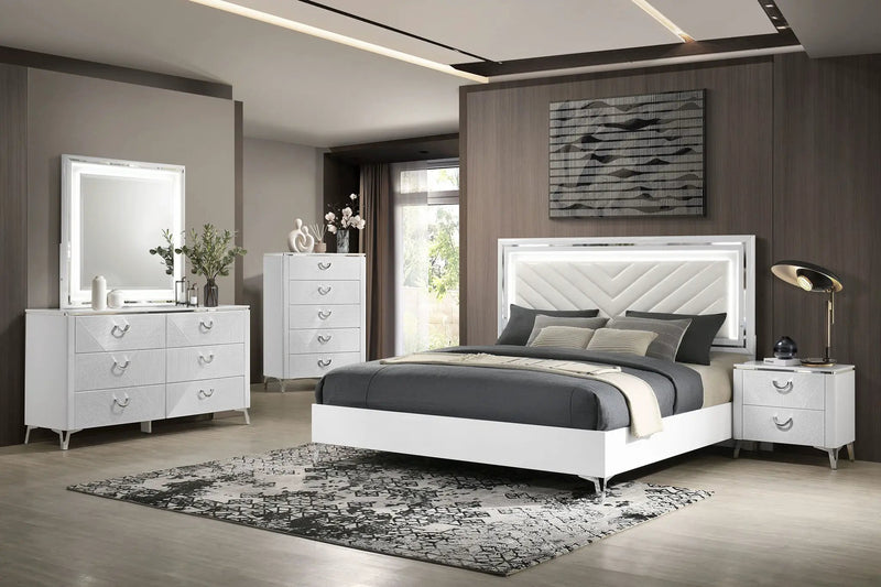 Cassia 5-piece Eastern King LED Bedroom Set White High Gloss by Unique Piece Furniture