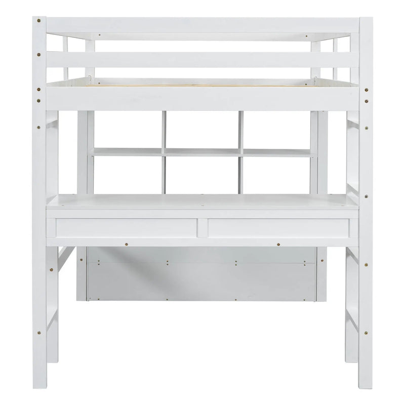 Full Size Loft Bed With Built In Desk, 2 Drawers, Storage Shelves - White by HouseOfZazla