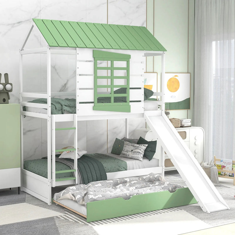 Twin Over Twin House Bunk Bed With Convertible Slide And Trundle - White by HouseOfZazla