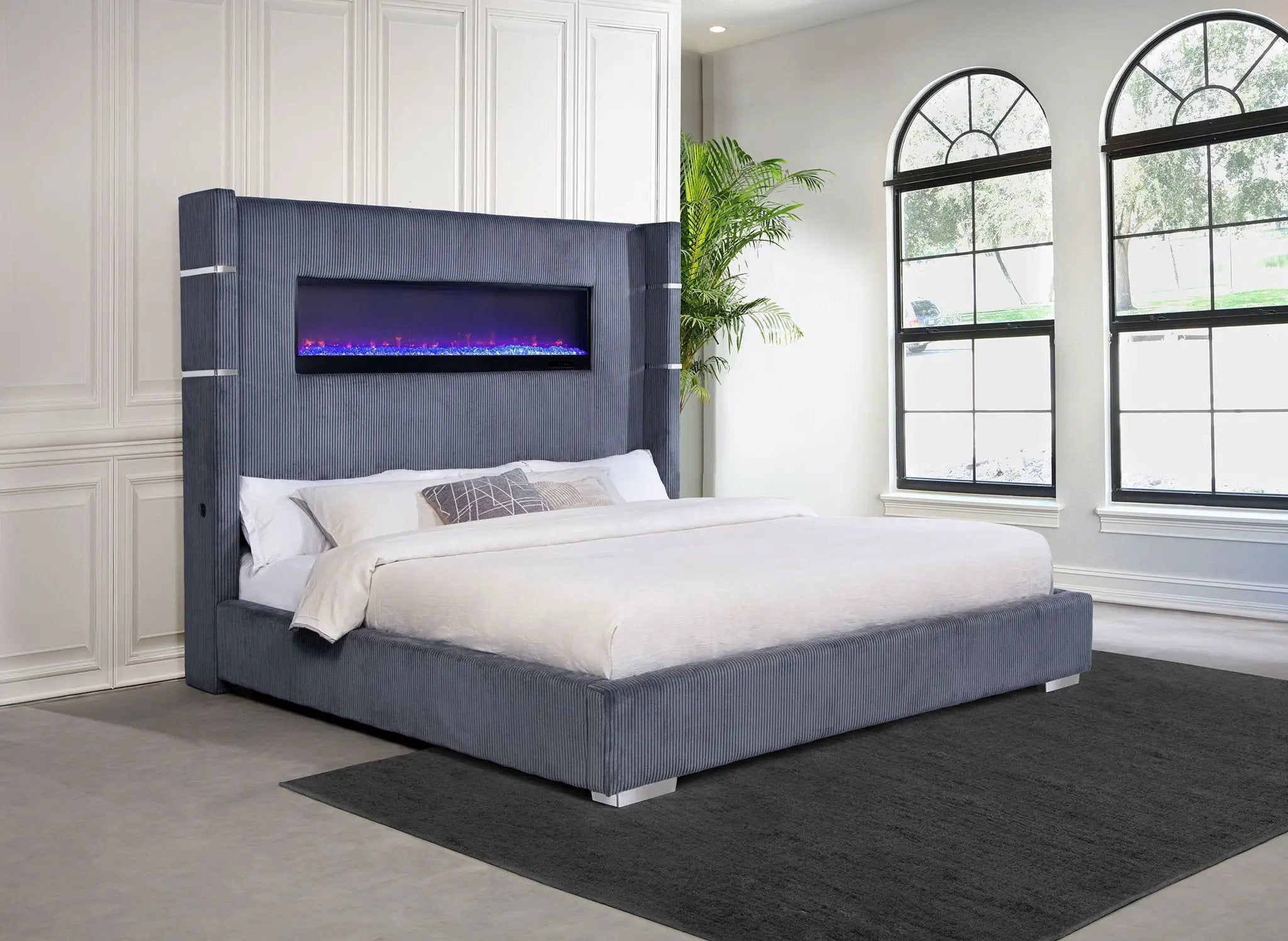 Tisdall Upholstered Eastern King Flame Visualizer Bed Grey by Unique Piece Furniture