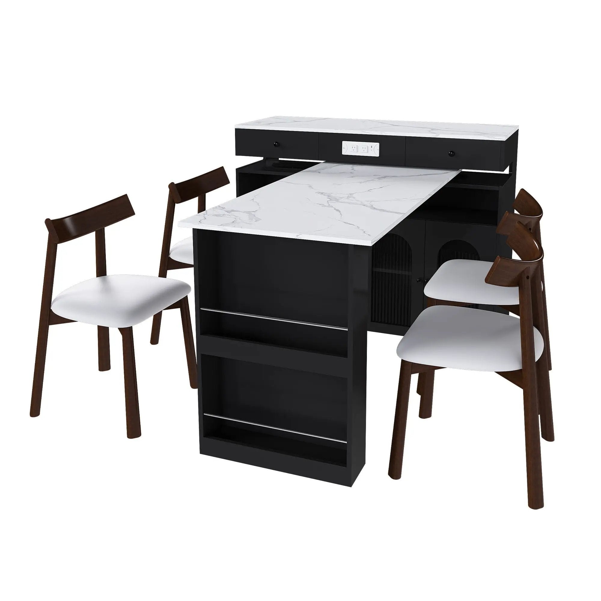 Retro Kitchen Island Set With Chairs, Extendable & Rotating Table, 4 Drawers & Door Cabinets by Unique Piece Furniture