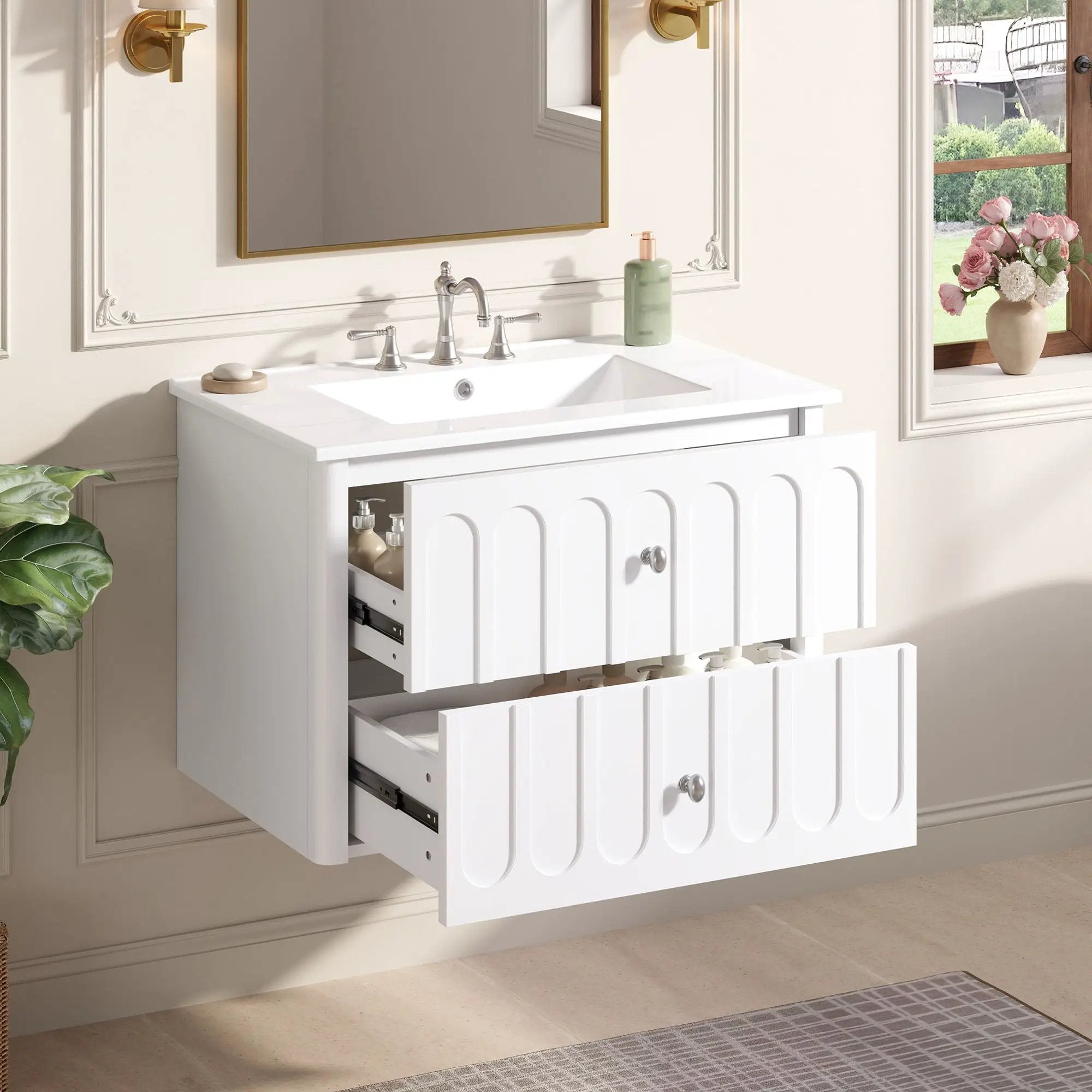 Floating Bathroom Vanity With Oval Knobs & Round Edge, Soft Close Drawer Slides by Unique Piece Furniture