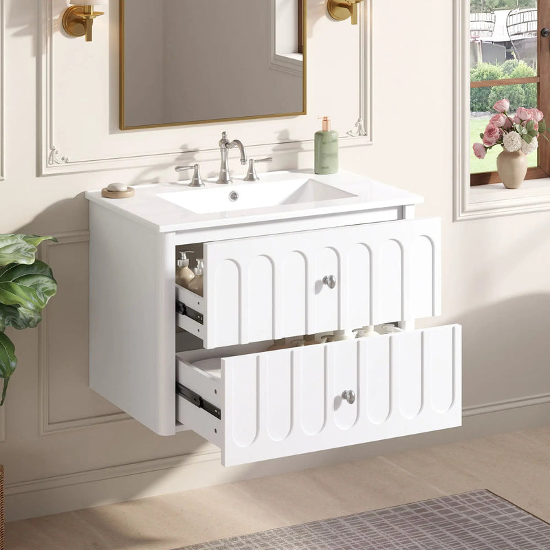 Floating Bathroom Vanity With Oval Knobs & Round Edge, Soft Close Drawer Slides by HouseOfZazla