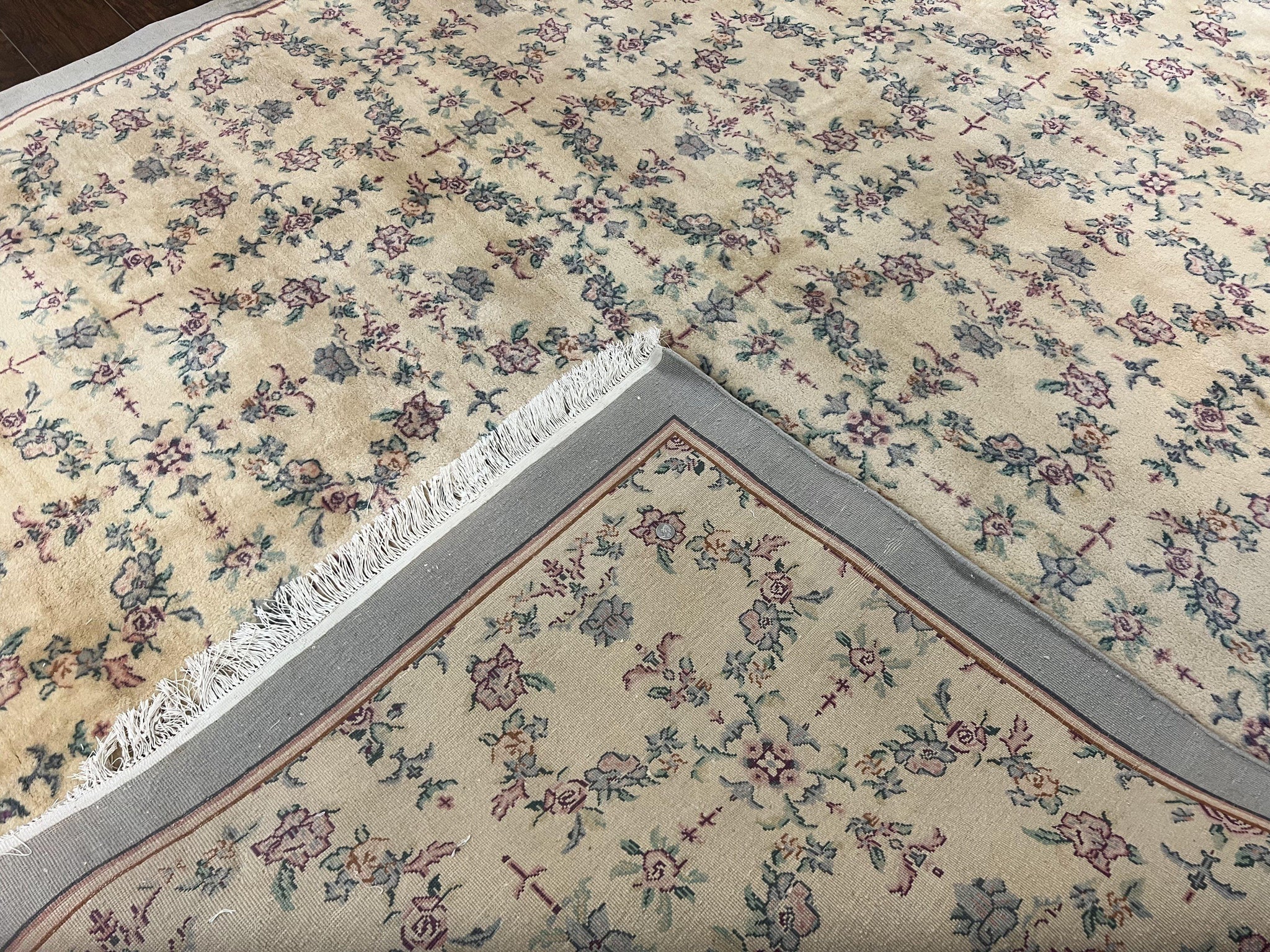 Sino Persian Rug 8x10, Floral, Oatmeal and Light Teal, Handmade Wool Vintage Carpet by Jewel Rugs