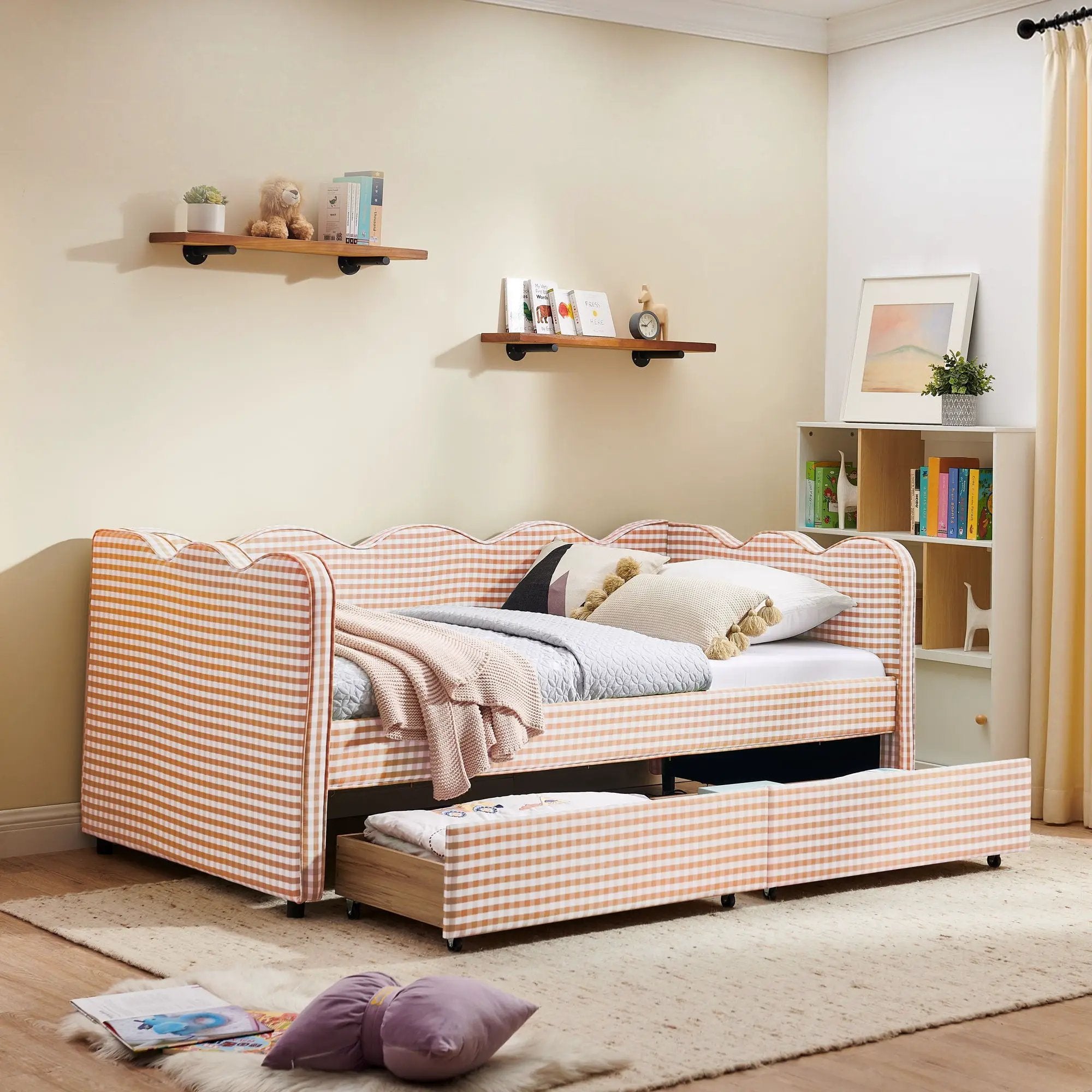 Gingham Daybed With USB Charging Port, Wave-Shaped Design by Unique Piece Furniture