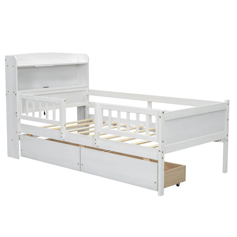 Platform Bed With LED Light, Multi Functional Headboard, Guardrail And 2 Drawers by Unique Piece Furniture
