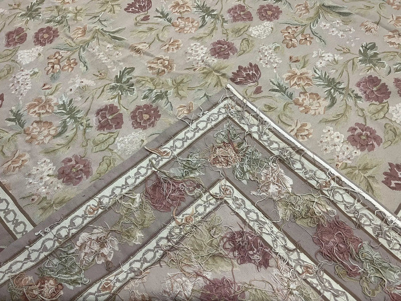 Aubusson Rug 9x12, Pink Beige Light Mauve, Handmade Allover Floral Roses, Wool Flatweave Carpet 9 x 12 ft, European French Design, Elegant by Jewel Rugs