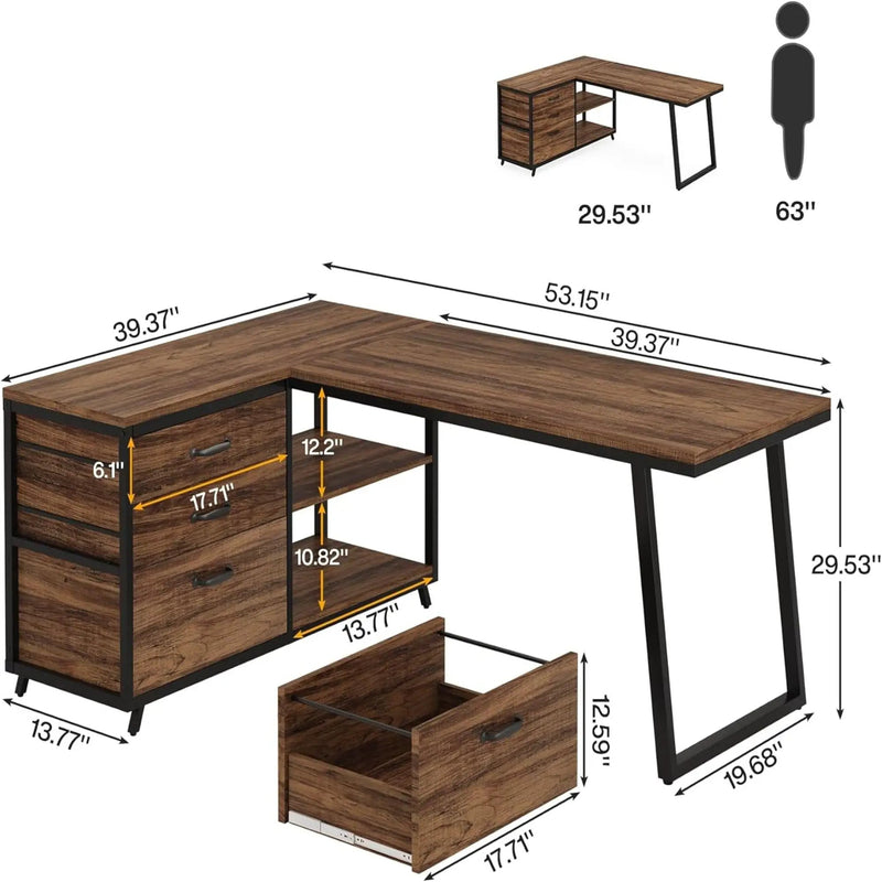 L-Shaped Computer Desk With 3 Drawers and Storage Shelves by HouseOfZazla