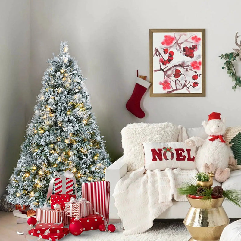 4FT Prelit Flocked Christmas Tree With Pine Needles & Eucalyptus Leaves by HouseOfZazla
