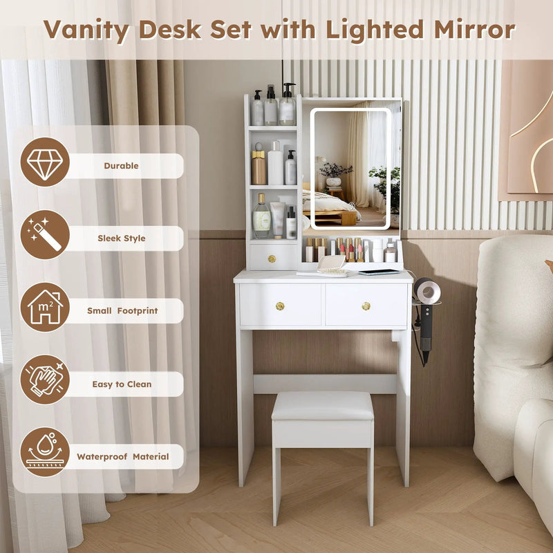 Modern Small Vanity Desk With 3 LED Lighting Modes, 3 Drawers by Unique Piece Furniture