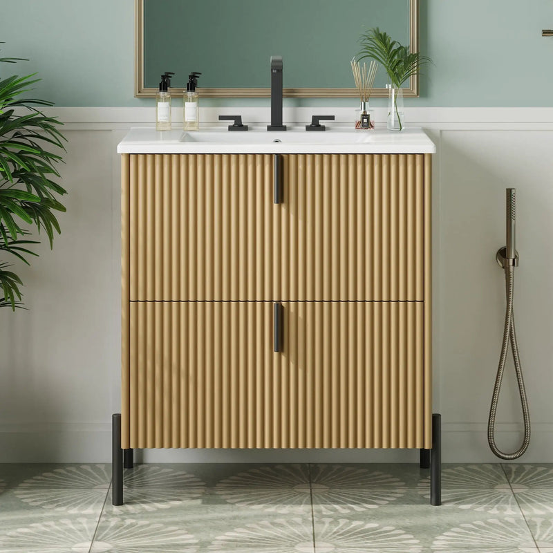 Fluted Bathroom Vanity With Ceramic Sink, Freestanding Design by HouseOfZazla