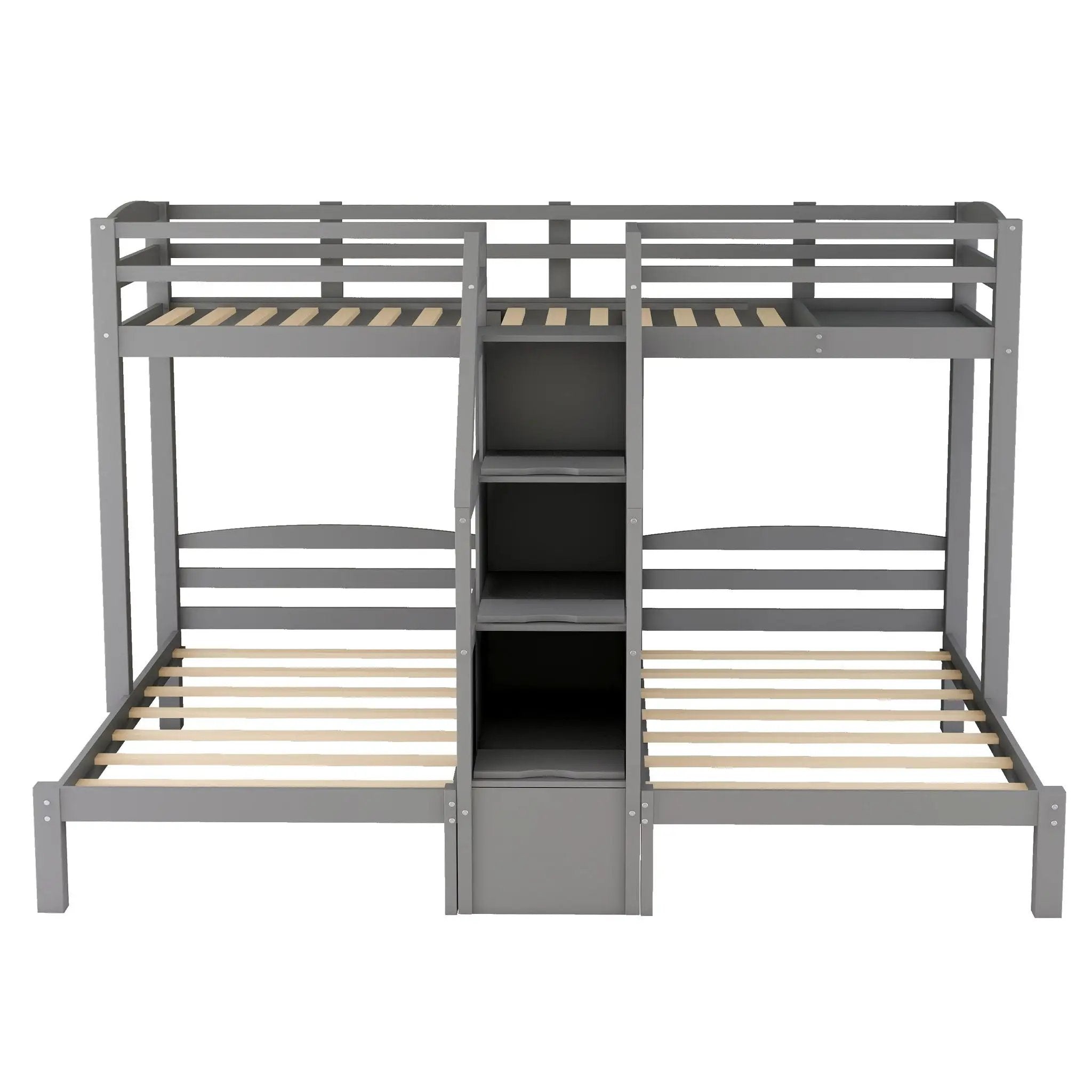 Twin Over Twin & Twin Bunk Bed With Built In Staircase And Storage Drawer - Gray by HouseOfZazla
