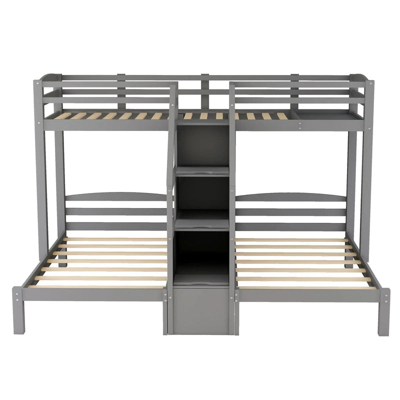 Twin Over Twin & Twin Bunk Bed With Built In Staircase And Storage Drawer - Gray by HouseOfZazla