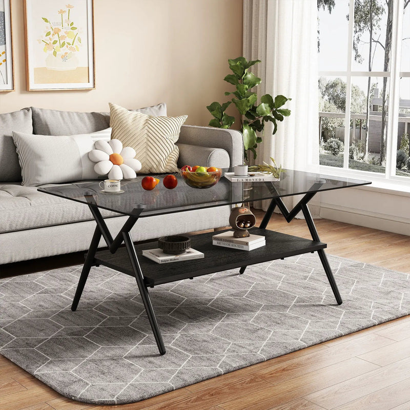 Rectangle Coffee Table With Tempered Glass Top And Shelf, Modern Table For Living Room by HouseOfZazla
