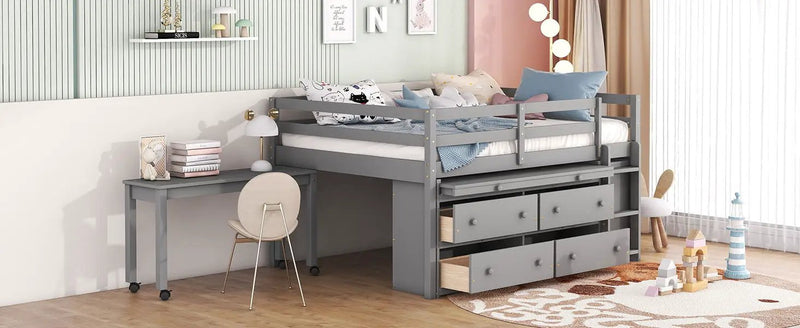 Loft Bed With Retractable Writing Desk And 4 Drawers, With Lateral Portable Desk And Shelves by HouseOfZazla