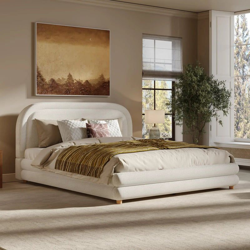 Queen Size Bed Frame With Boucle Upholstered Thick Curved Headboard, Solid Wood Legs by HouseOfZazla