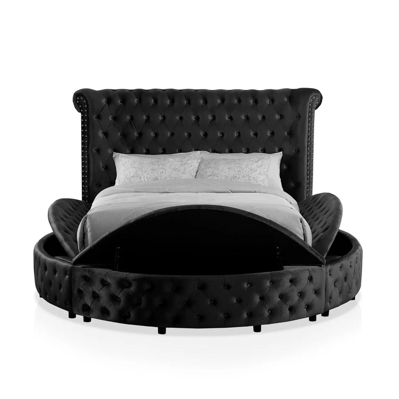 Glam Button Tufted Wingback Round Bed With Storage And USB Ports by Unique Piece Furniture