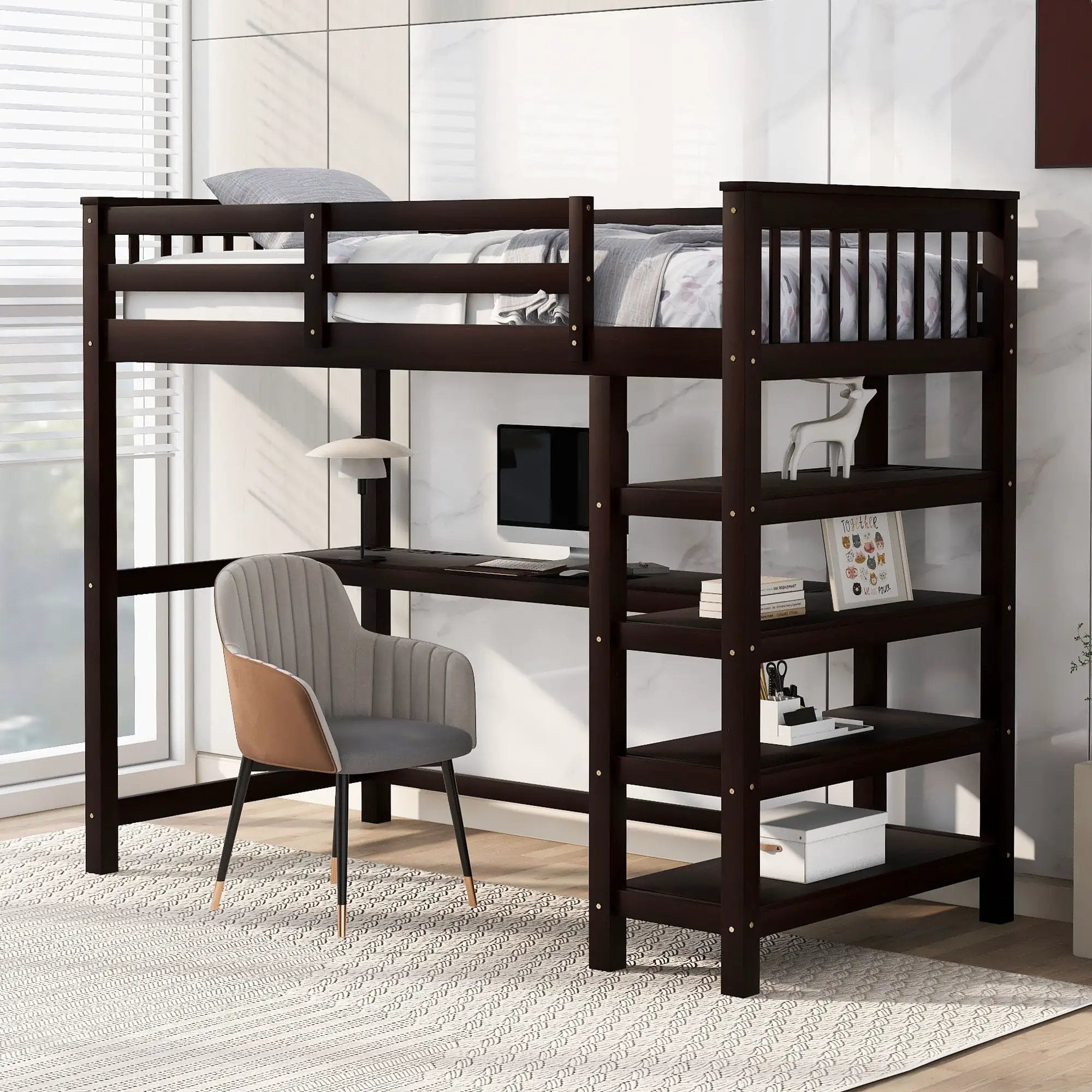 Loft Bed With Storage Shelves And Under Bed Desk by Unique Piece Furniture