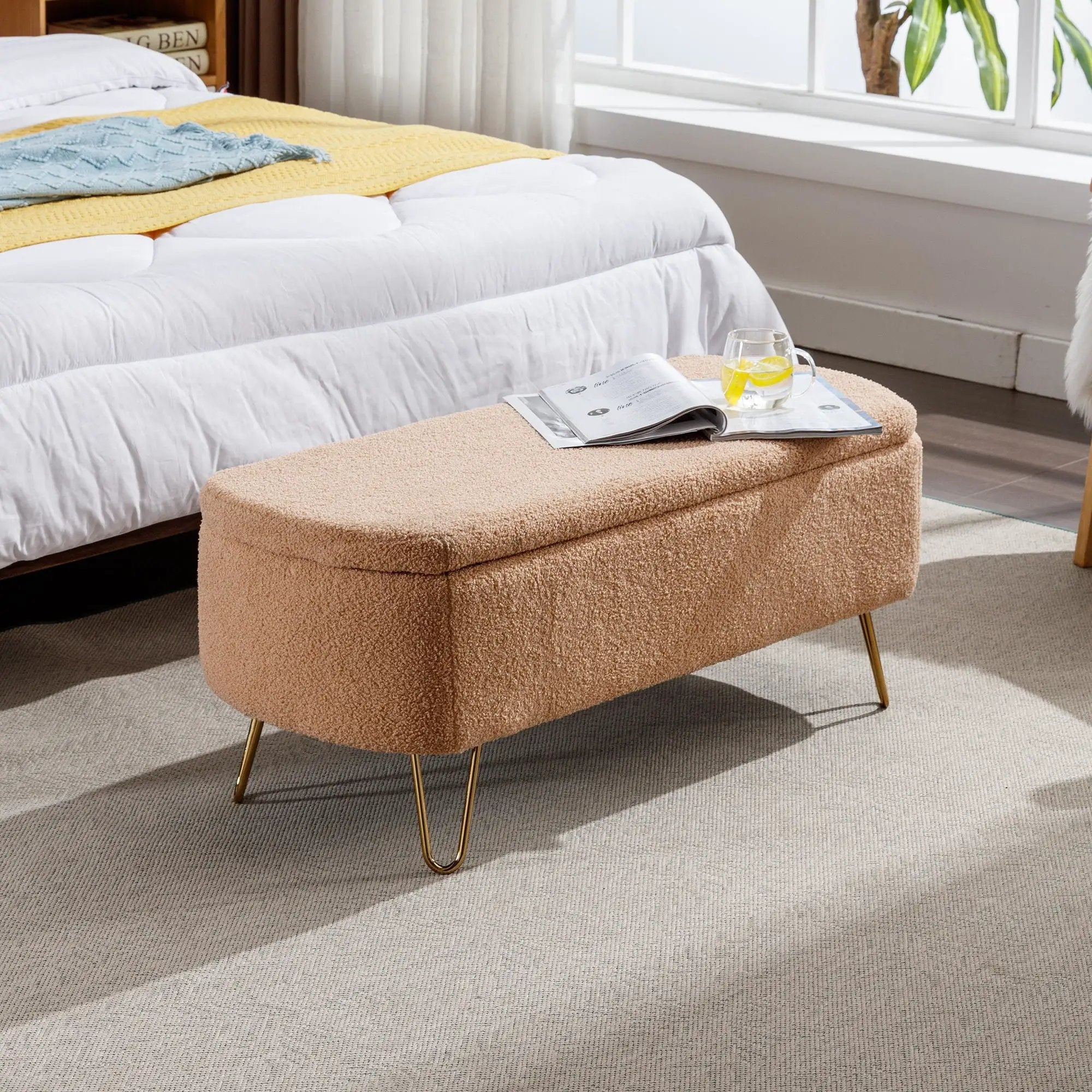 Storage Ottoman Bench For End Of Bed Legs, Modern Camel Faux Fur Entryway Bench Upholstered Padded With Storage For Living Room Bedroom by Unique Piece Furniture