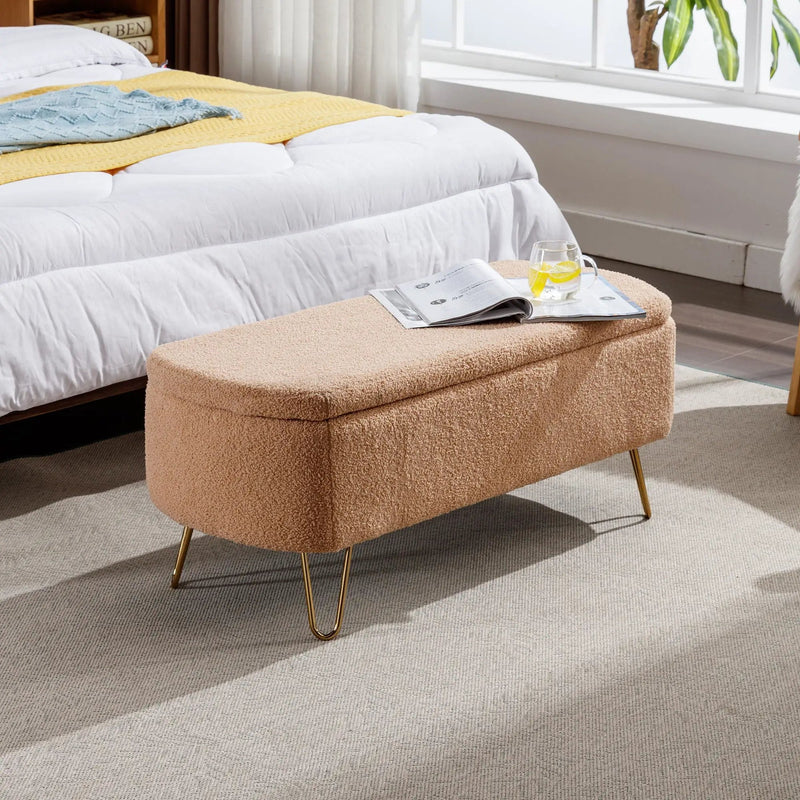Storage Ottoman Bench For End Of Bed Legs, Modern Camel Faux Fur Entryway Bench Upholstered Padded With Storage For Living Room Bedroom by Unique Piece Furniture