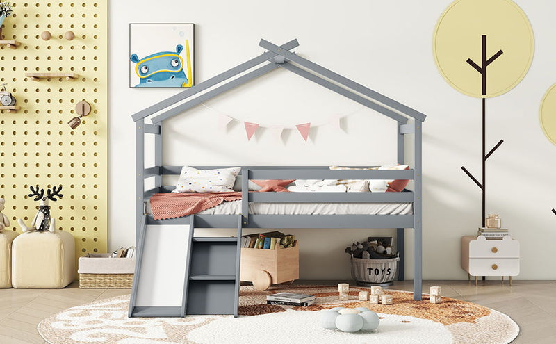 Low Loft House Bed With Slide, Ladder, Safety Guardrails, House Roof Frame by HouseOfZazla
