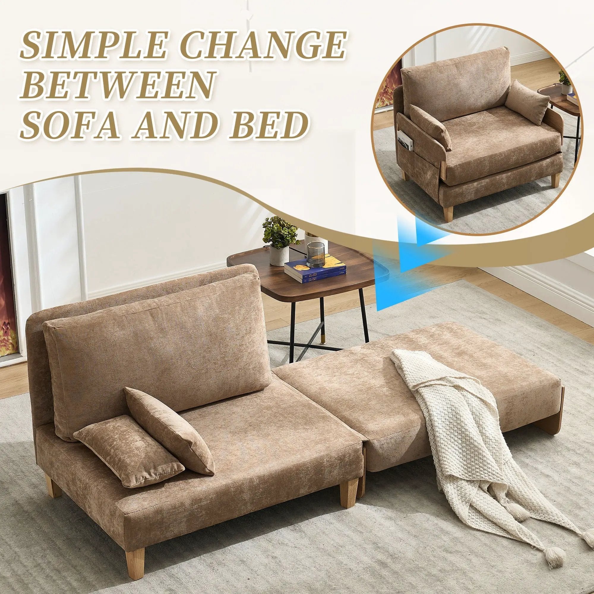 Mid Century Modern Foldable Sofa Bed, 3 In 1 Convertible Sleeper With 3 Pillows by Unique Piece Furniture
